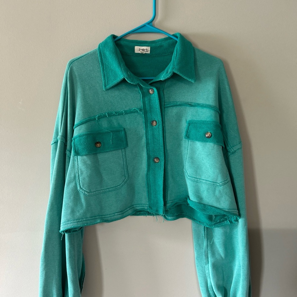 POL Cropped Teal Green Jacket